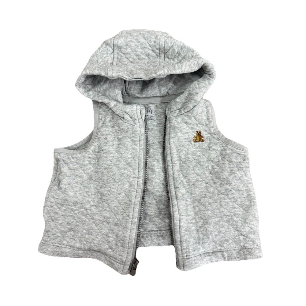 Gap Gray Quilted Hooded Full Zip Vest 0-3 Months Unisex Bear Theme